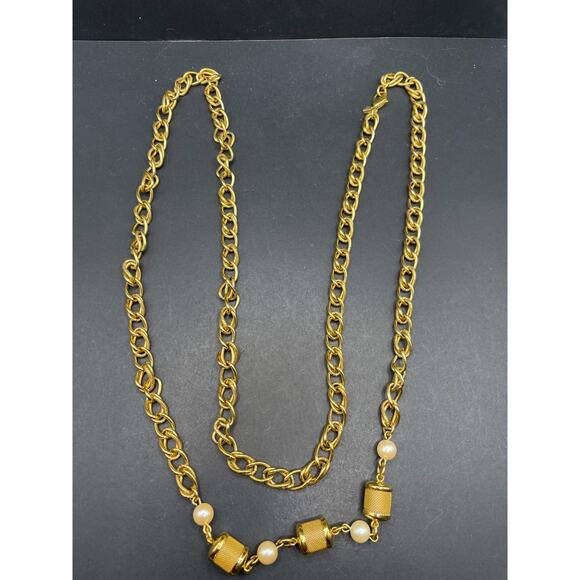 Vintage Monet Gold tone Faux Pearl Double Link Statement Piece Necklace - Picture 1 of 8